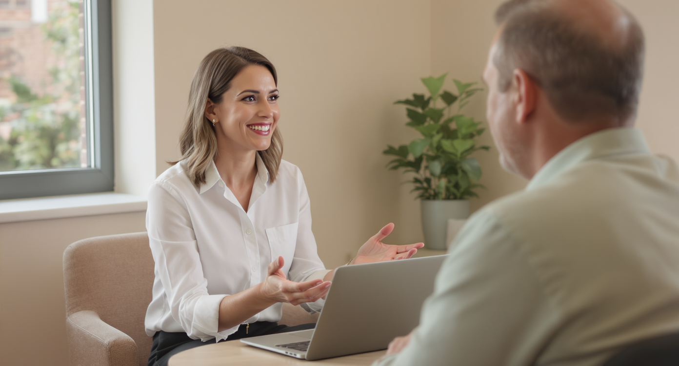 A chiropractor explaining coverage options to a patient during a consultation in a calm, warmly lit Alberta clinic.