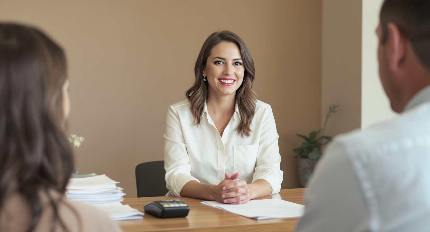 A patient and chiropractor talking over fees at a warm, calm clinic front desk in St. Albert, Alberta.