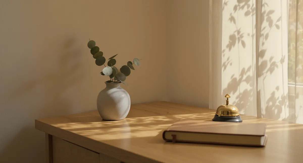 A serene clinic reception corner with a eucalyptus stem and appointment book.