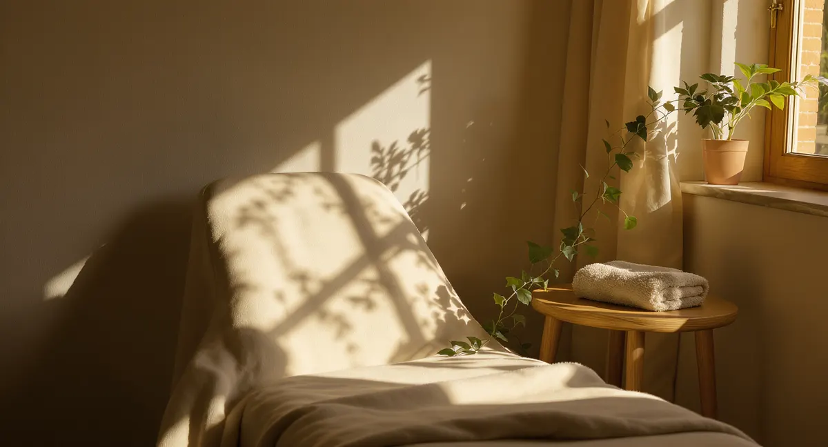A calm, unhurried chiropractic treatment room with warm natural light.